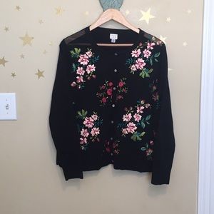 Black Floral Embroidered/Mesh Cardigan